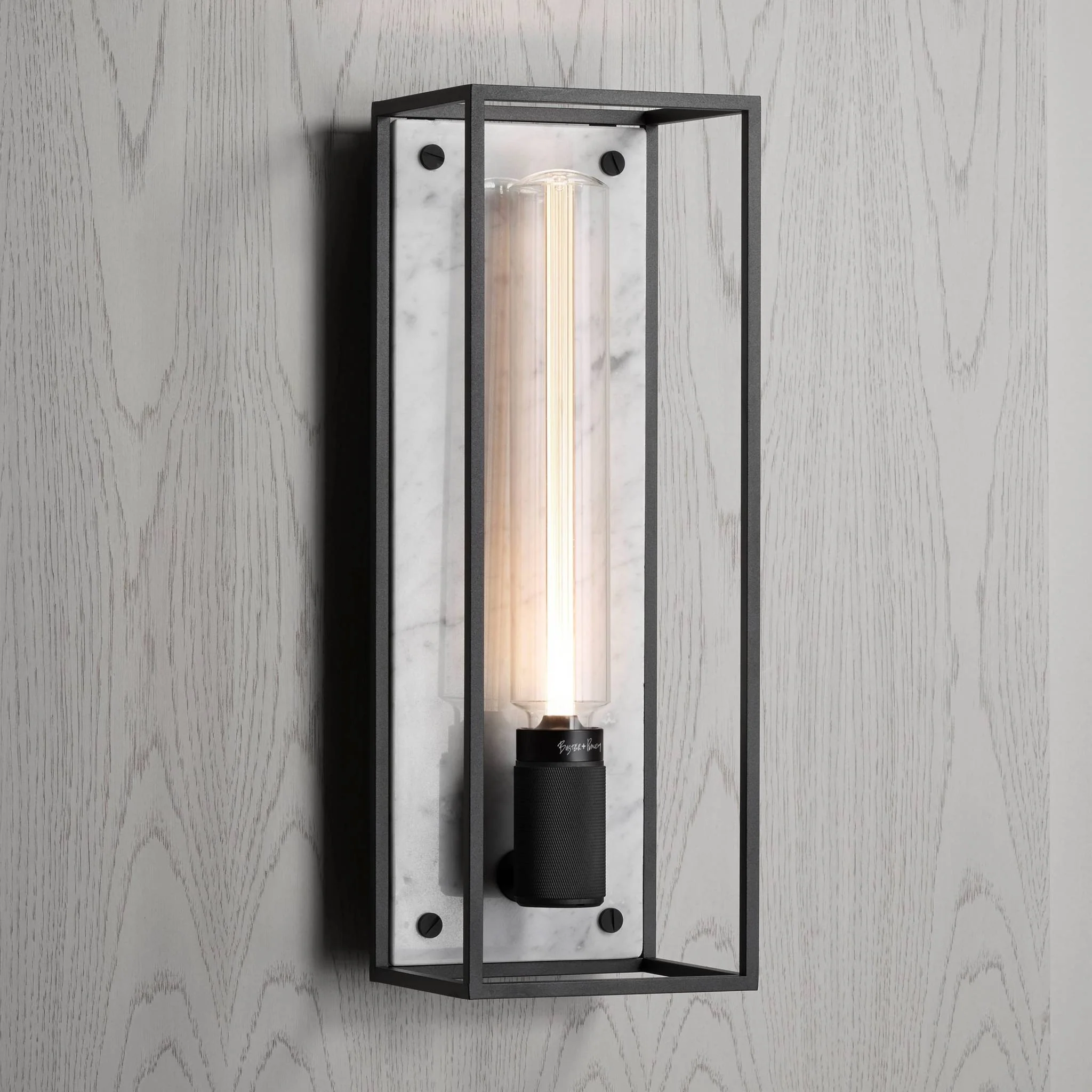 Caged Wall Large Matte Black Wall Light Frames the Buster Bulb